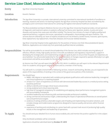 Service Line Chief Sports Medicine Jobs in Karachi 2025 Job Advertisement Pakistan