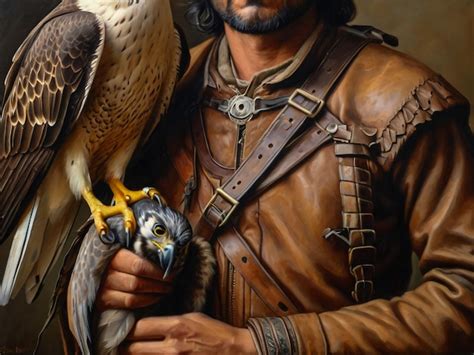 Man holding a falcon, in the centre of a group of people