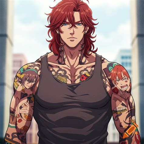 Tall muscular anime style man with red hair and tattoos on Craiyon