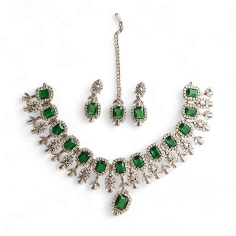 LaaLi NK46 Green American Diamond Necklace Set | Rhodium Plated Bridal ...