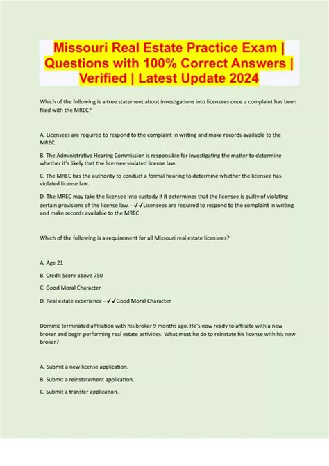 Missouri Real Estate Practice Exam | Questions with 100% Correct ...