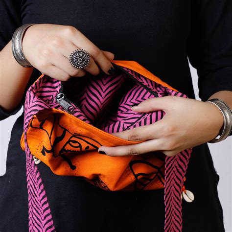 Orange Kantha Work Block Print Cotton Sling Bag