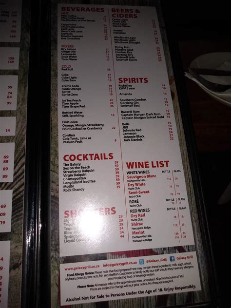 Menu at Galaxy Grill restaurant, Durban, Pavilion