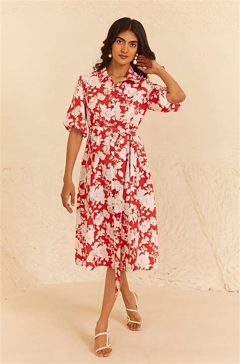 Red Floral Midi Dress – INCHING INDIA