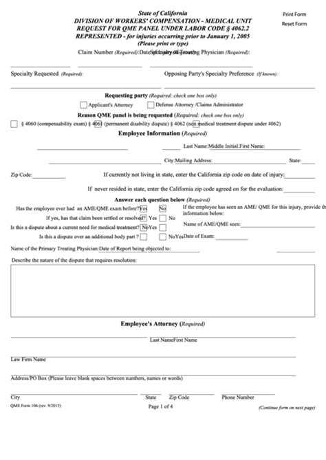 Fillable Qme Form 106 - Request For Qme Panel Under Labor Code Form ...