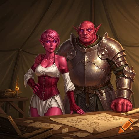 An armored male and a corseted female elf, both with red-pink skin and ...