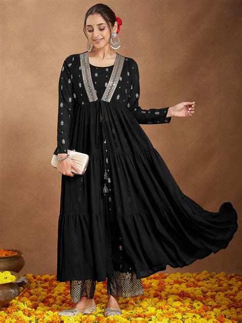 Janasya Women's Black Georgette Embellished Foil Printed Front-open Ti