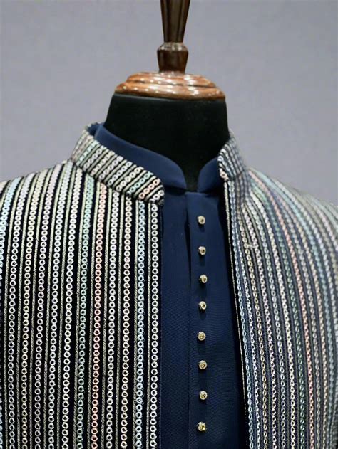 Navy Blue Indo-Western with Multicolor Vertical Sequin Embroidery ...