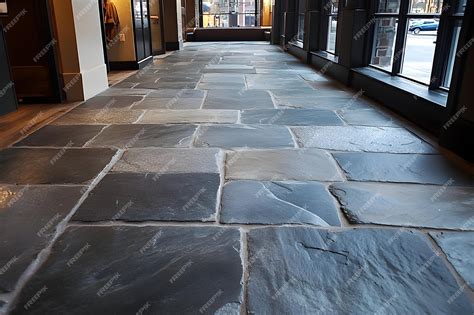 Dark gray slate floor tiles in a modern building hallway | Premium AI ...