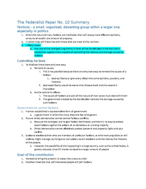 Federalist 10 Summary