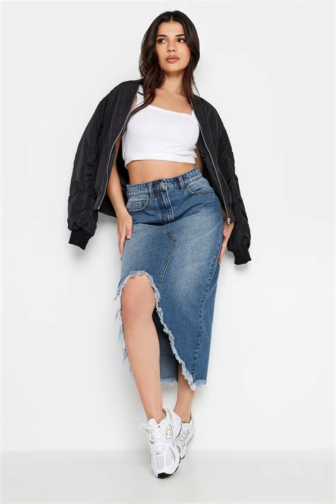 PixieGirl Petite Womens Blue Denim Ripped Hem Midi Skirt | PixieGirl
