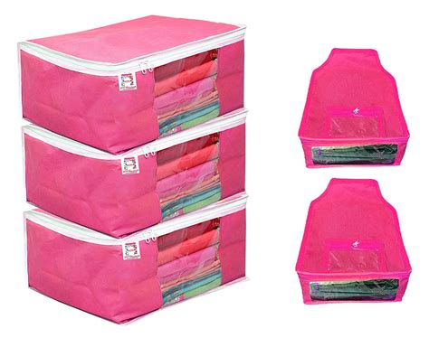 atorakushon® Fabric 3 Saree Cover And 2 Blouse Clothes Storage Bag ...