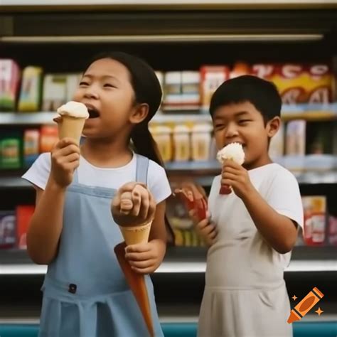 Children enjoying ice cream outside convenience store on Craiyon