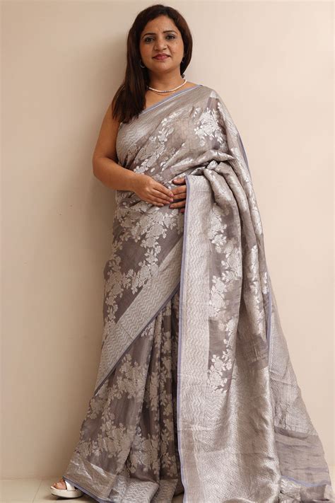 AS1B1MI625092002 Grey Handloom Banarasi Pure Tissue Georgette Flower D