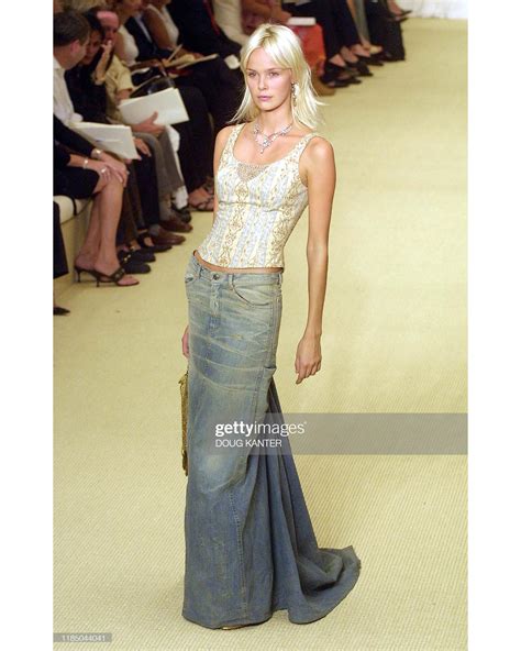 Ralph Lauren distressed denim floor-length bustle skirt with train, ss ...