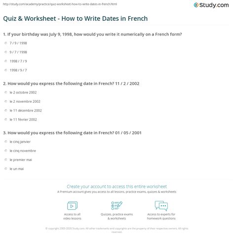 Quiz & Worksheet - How to Write Dates in French | Study.com