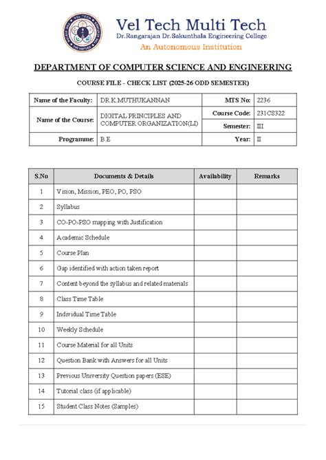 Course File Checklist for Digital Principles & Computer Org (231CS322 ...