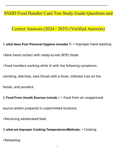 SNHD Food Handler Card Test Study Guide Questions and Answers (2024 / ...