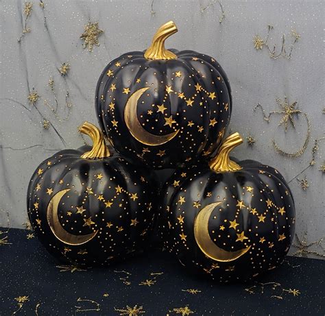 Black Moon & Stars Pumpkin – Celestial Halloween Decor – Ethereal Inspired