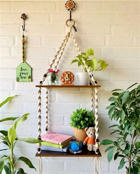 Double Tier Macrame Shelf and Love Grows Here Beaded Hut with Ceramic ...