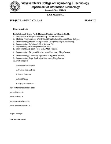 BDA 101 - Big Data Lab Manual: Single Node Hadoop Setup & Experiments ...