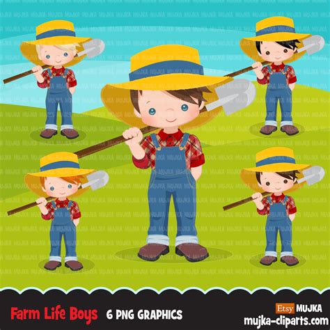 Farmer Boys Clipart, Farmer Characters With Shovel, Farmer Hat, Country ...
