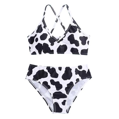 Girls' Summer Cute Crisscross Back Cow Floral Print Two-Piece Swimsuit ...