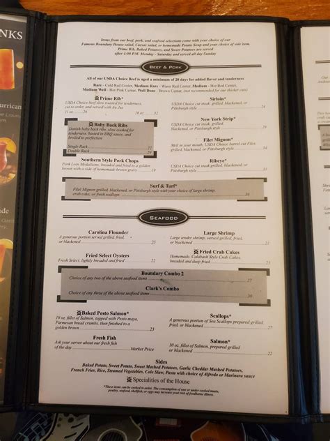 Menu at The Boundary House Restaurant, Calabash