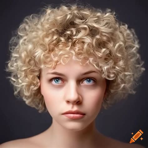 A beautiful woman short curly blonde hair concerned expression, close ...