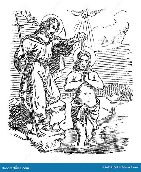 Vintage Drawing of Biblical Story of John the Baptist Baptizing Jesus ...
