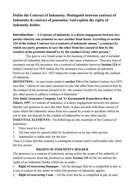 Charul - Define the Contract of Indemnity. Distinguish between contract ...