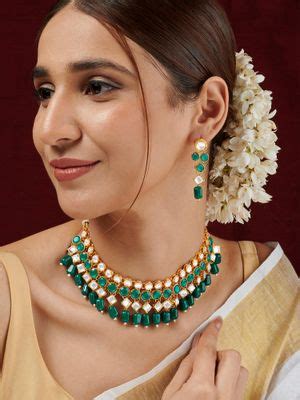 Buy Teejh Reya Green Ruby and White Necklace Set Online