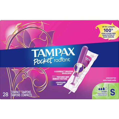 Tampax Pocket Radiant Super Absorbency Tampons, Unscented, LeakGuard ...