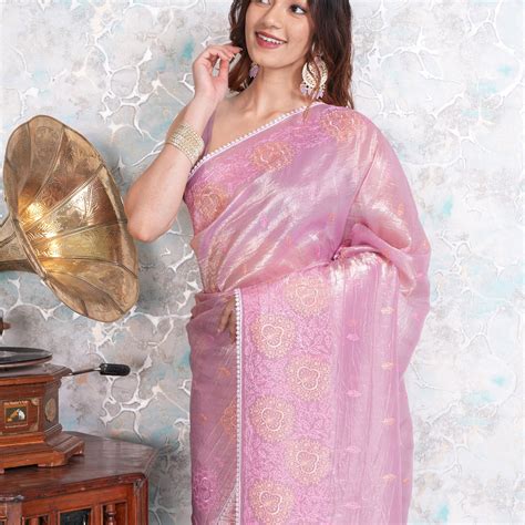 Mimosa Women's Woven Design Banarasi Style Tissue Crush Saree With Blo ...
