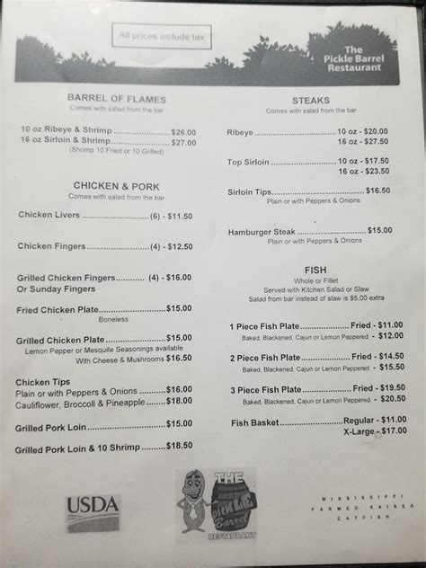Menu at Pickle Barrel, Amory