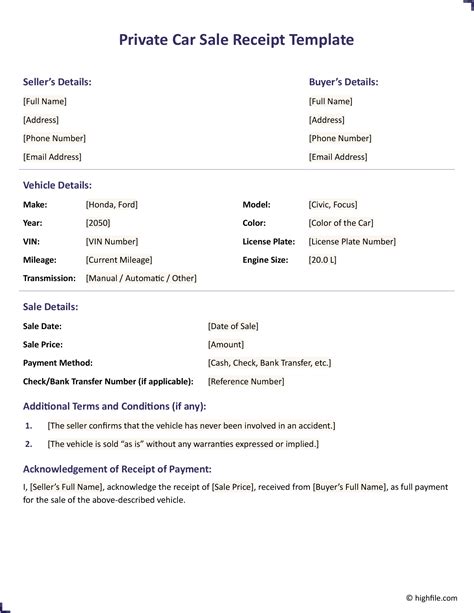 Private Car Sale Receipt Template - Word | Google Docs - Highfile