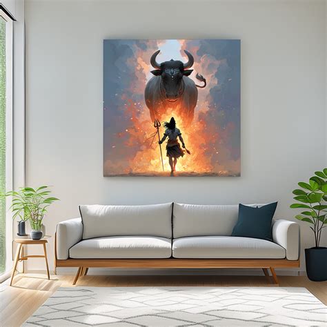 Mythological Shiva Nandi Confrontation Painting Fire and Divine Power