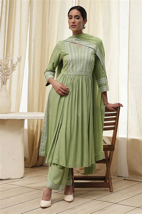 Buy Olive Green Embroidered Gathered Suit Set Online at Biba India