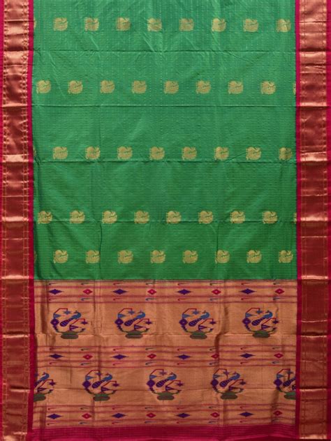 Green and Pink Paithani Silk Handloom Saree with Checks and Body Desig ...