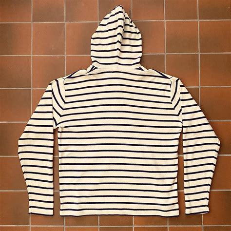 Vintage LL Bean Hoodie. 90s striped cream and navy... - Depop