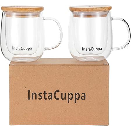 InstaCuppa Double Walled Glass Coffee Mug with Bamboo Lid and Large ...