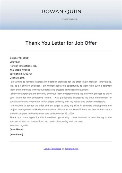 Job Offer Thank You Letter Template | Fanny Printable