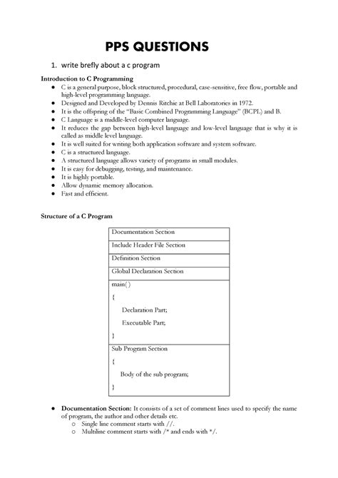 PPS Questions - afda - PPS QUESTIONS write brefly about a c program ...