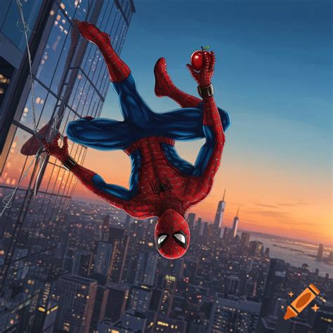 Spider-Man crouches on a skyscraper ledge, gazing at a sprawling, lit ...