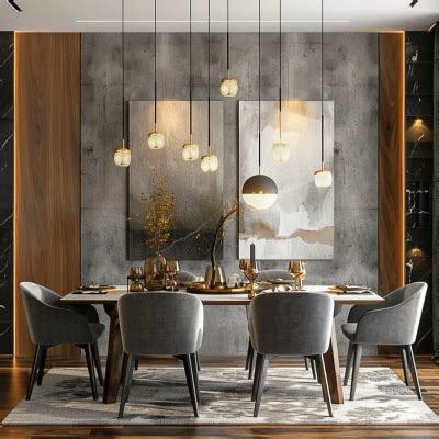 Contemporary Wood And Grey 4-Seater Dining Room Design With Wooden Wall ...