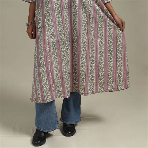 Pink Block Print Cotton A-Line Sanganeri Kurta
