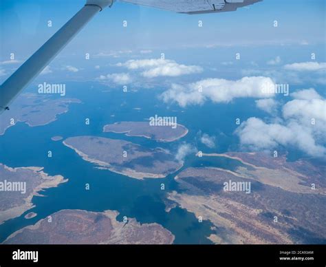 Aerial view of Lake Kariba, the world's largest man-made lake and ...