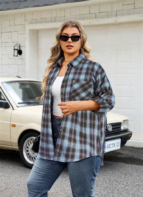 Womens Plus Size Flannel Shirts Long Sleeve Button Down Plaid Shirt ...