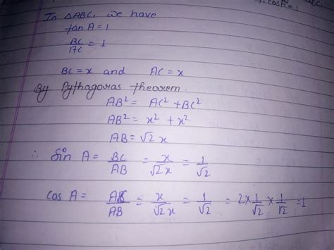 in a right triangle ABC right angled at C if tanA=1, then verify that ...