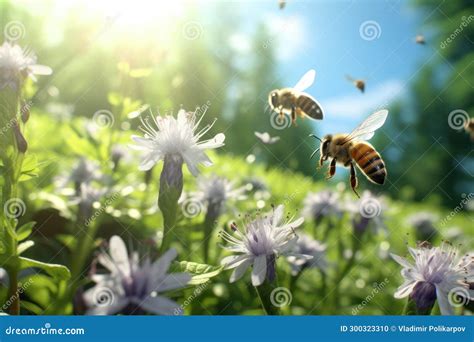 Bees Flying Over Field of Flowers Stock Photo - Image of detail ...